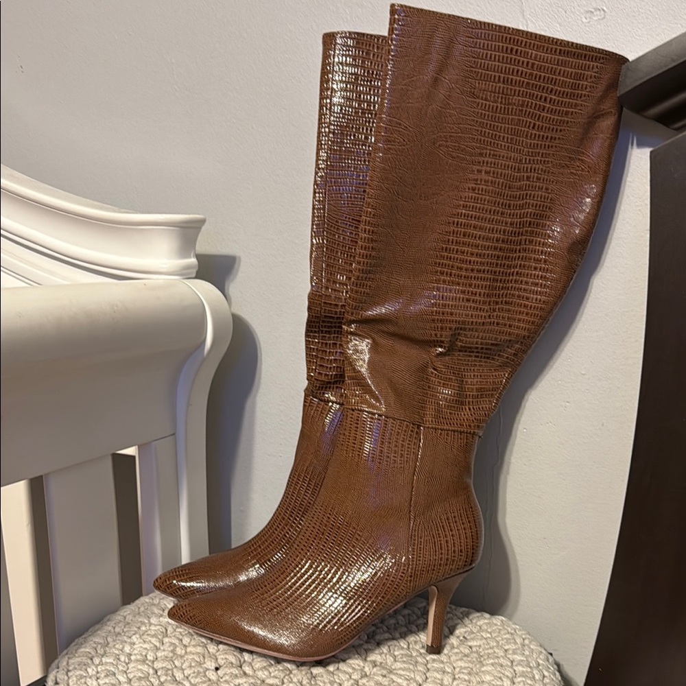 NEW Miss Lola Brown Croc-Embossed Knee-High Boots